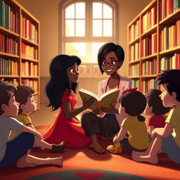 A joyful scene inspired by Disney animation, featuring a character named Nina with long black hair, wearing a vibrant red dress