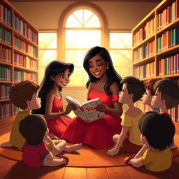A joyful scene inspired by Disney animation, featuring a character named Nina with long black hair, wearing a vibrant red dress
