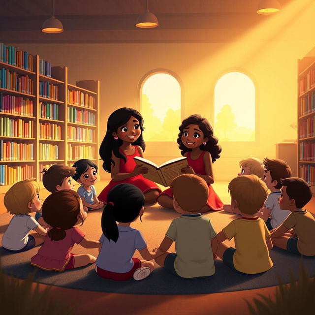 A joyful scene inspired by Disney animation, featuring a character named Nina with long black hair, wearing a vibrant red dress