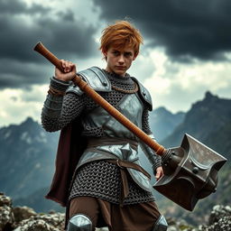 A young man confidently carrying a large war hammer, outfitted in intricately designed chain mail armor
