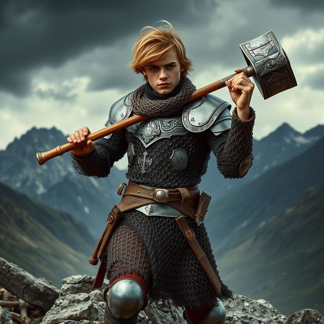 A young man confidently carrying a large war hammer, outfitted in intricately designed chain mail armor