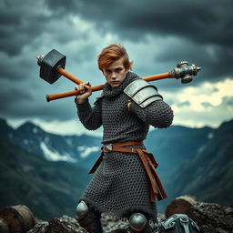 A young man confidently carrying a large war hammer, outfitted in intricately designed chain mail armor