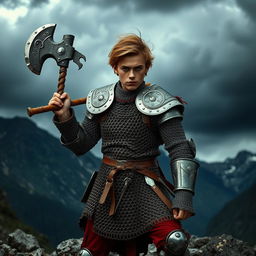 A young man confidently carrying a large war hammer, outfitted in intricately designed chain mail armor