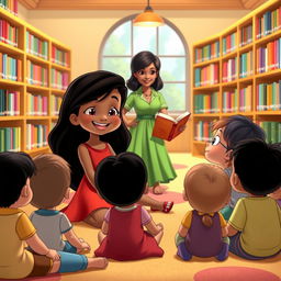 A cheerful scene in a Disney animation style, featuring Nina, a young girl with long black hair, wearing a vibrant red dress