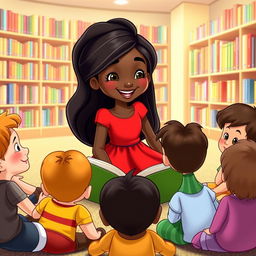A cheerful scene in a Disney animation style, featuring Nina, a young girl with long black hair, wearing a vibrant red dress