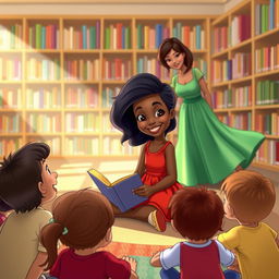 A cheerful scene in a Disney animation style, featuring Nina, a young girl with long black hair, wearing a vibrant red dress