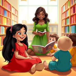A cheerful scene in a Disney animation style, featuring Nina, a young girl with long black hair, wearing a vibrant red dress