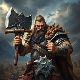 A rugged fighter hero embodying both strength and intelligence, depicted in a dynamic pose