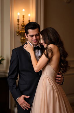 A dark-haired, dignified, masculine man wearing a tailored dark suit, standing confidently with an elegant brown-haired woman in a flowing, luxurious gown