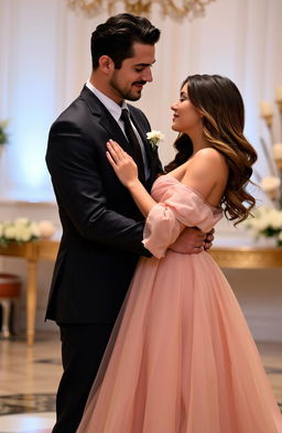 A dark-haired, dignified, masculine man wearing a tailored dark suit, standing confidently with an elegant brown-haired woman in a flowing, luxurious gown