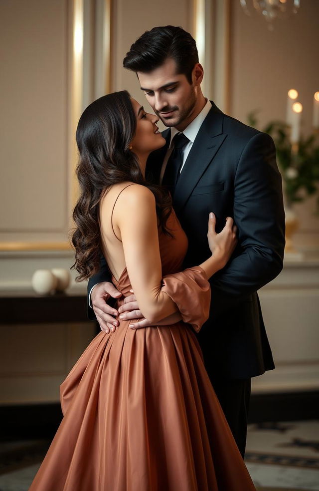 A dark-haired, dignified, masculine man wearing a tailored dark suit, standing confidently with an elegant brown-haired woman in a flowing, luxurious gown