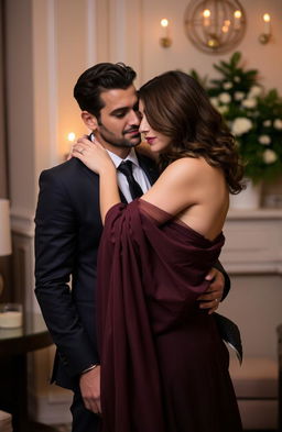 A dark-haired, dignified, masculine man wearing a tailored dark suit, standing confidently with an elegant brown-haired woman in a flowing, luxurious gown
