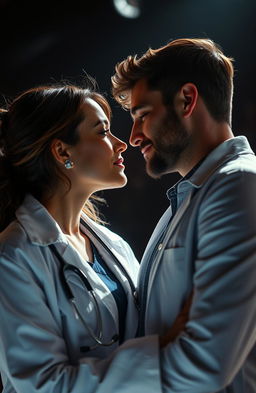 A passionate scene capturing two lovers, a female doctor and an actor, sharing an intimate moment under a dramatic spotlight