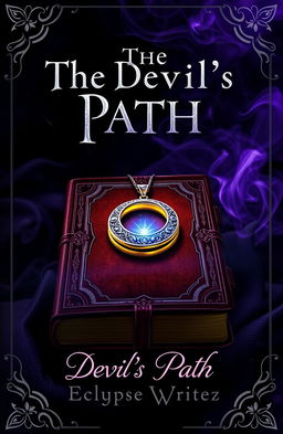 A fantasy book cover design featuring an intricately designed book with worn leather bindings that emits a faint, eerie glow