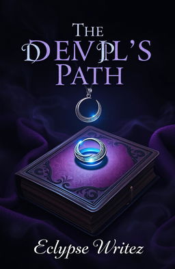 A fantasy book cover design featuring an intricately designed book with worn leather bindings that emits a faint, eerie glow