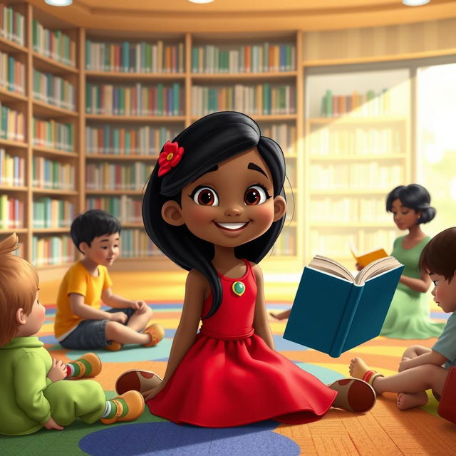 Nina in a Disney style, an 8-year-old girl with long black hair, a joyful expression, wearing a vibrant red dress