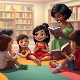 Nina in a Disney style, an 8-year-old girl with long black hair, a joyful expression, wearing a vibrant red dress
