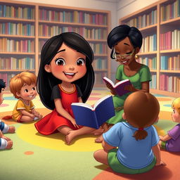 Nina in a Disney style, an 8-year-old girl with long black hair, a joyful expression, wearing a vibrant red dress