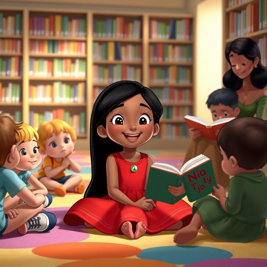 Nina in a Disney style, an 8-year-old girl with long black hair, a joyful expression, wearing a vibrant red dress