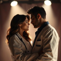 A passionate scene capturing two lovers, a female doctor and a male actor, sharing an intimate moment under a dramatic spotlight