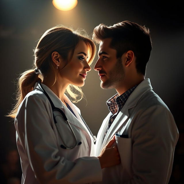 A passionate scene capturing two lovers, a female doctor and a male actor, sharing an intimate moment under a dramatic spotlight