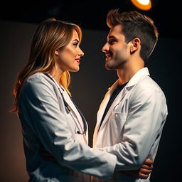 A passionate scene capturing two lovers, a female doctor and a male actor, sharing an intimate moment under a dramatic spotlight