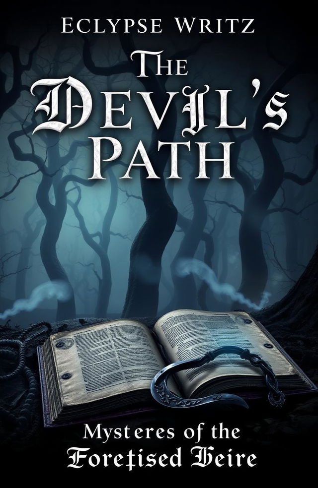 A dark fantasy book cover for "The Devil's Path" by Eclypse Writez, featuring a mysterious forest shrouded in fog with twisting trees and ominous shadows