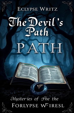 A dark fantasy book cover for "The Devil's Path" by Eclypse Writez, featuring a mysterious forest shrouded in fog with twisting trees and ominous shadows