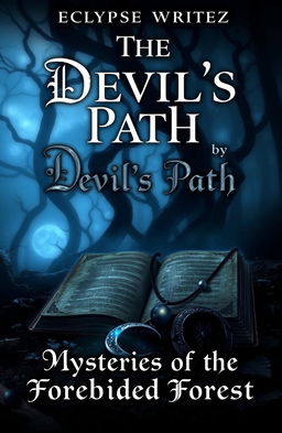A dark fantasy book cover for "The Devil's Path" by Eclypse Writez, featuring a mysterious forest shrouded in fog with twisting trees and ominous shadows