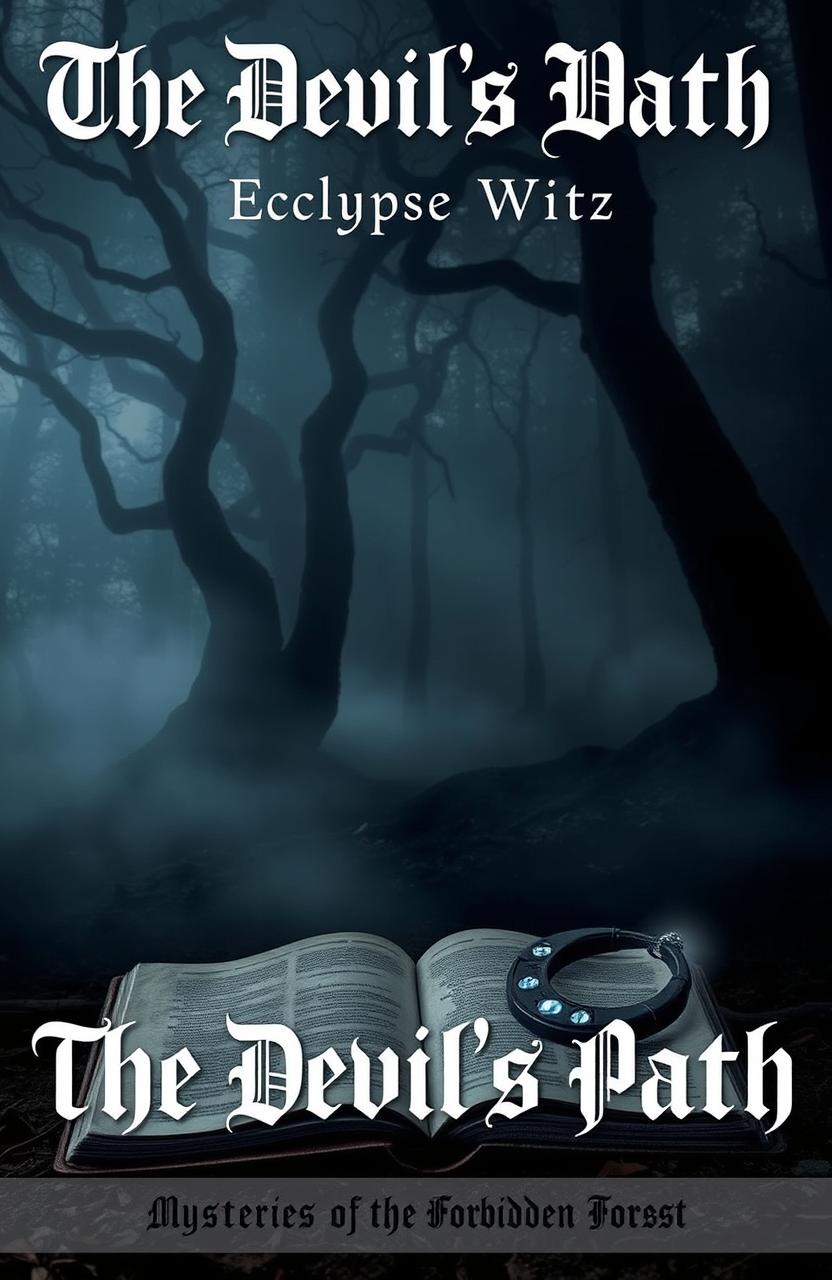 A dark fantasy book cover for "The Devil's Path" by Eclypse Writez, featuring a mysterious forest shrouded in fog with twisting trees and ominous shadows