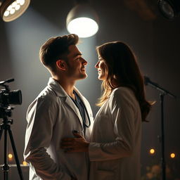 A captivating scene featuring two lovers under a dramatic spotlight, surrounded by a romantic and artistic atmosphere