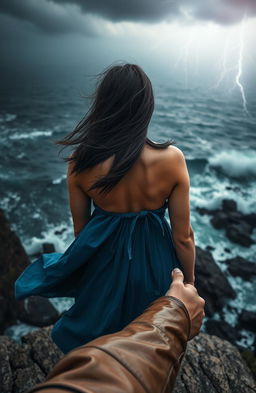 A photograph capturing a woman standing on a cliff with her back to the camera, gazing out over a tempestuous sea