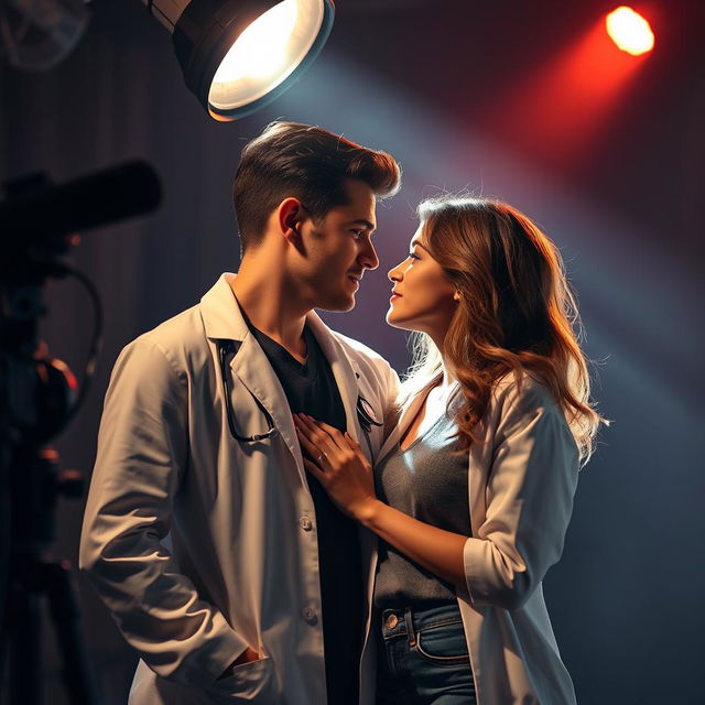 A captivating scene featuring two lovers under a dramatic spotlight, surrounded by a romantic and artistic atmosphere