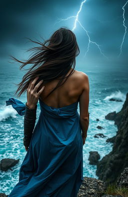 A photograph capturing a woman standing on a cliff with her back to the camera, gazing out over a tempestuous sea