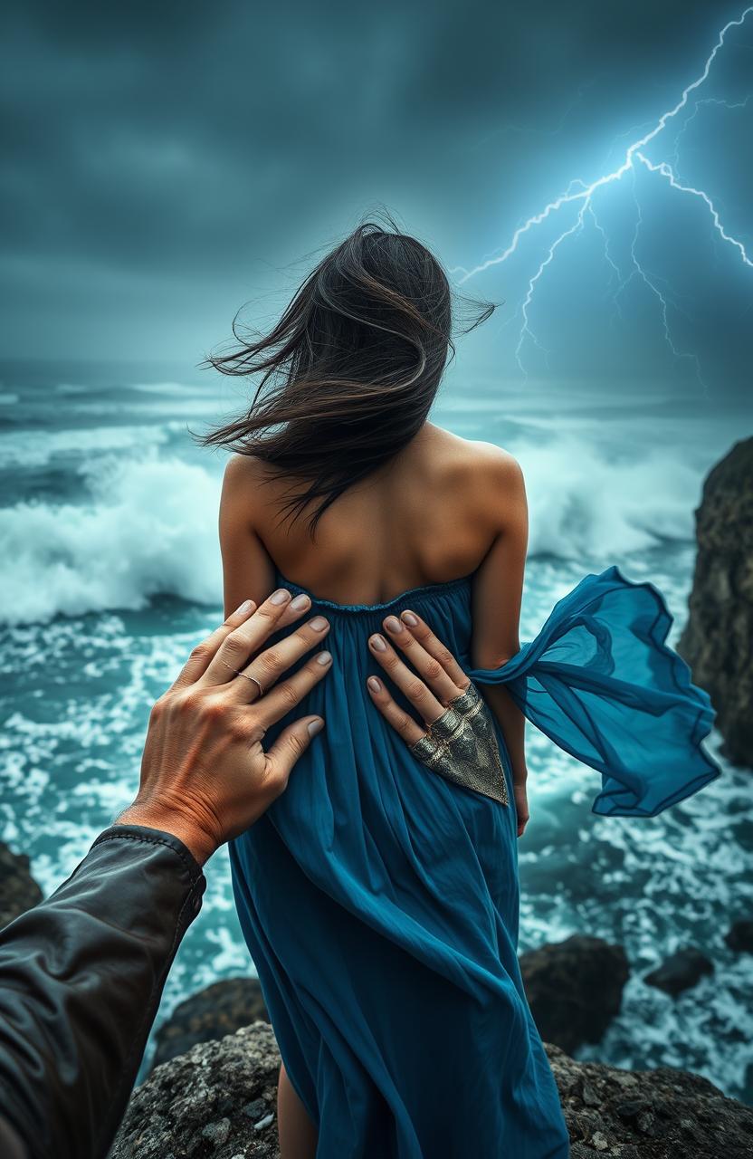 A photograph capturing a woman standing on a cliff with her back to the camera, gazing out over a tempestuous sea