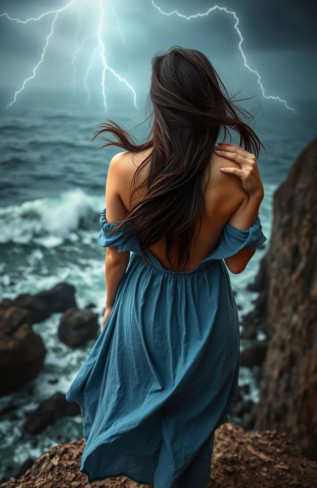 A photograph capturing a woman standing on a cliff with her back to the camera, gazing out over a tempestuous sea