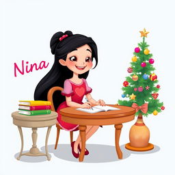 A character named Nina, designed in a bright, cheerful Disney style, features long flowing black hair and a joyful expression