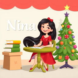 A character named Nina, designed in a bright, cheerful Disney style, features long flowing black hair and a joyful expression