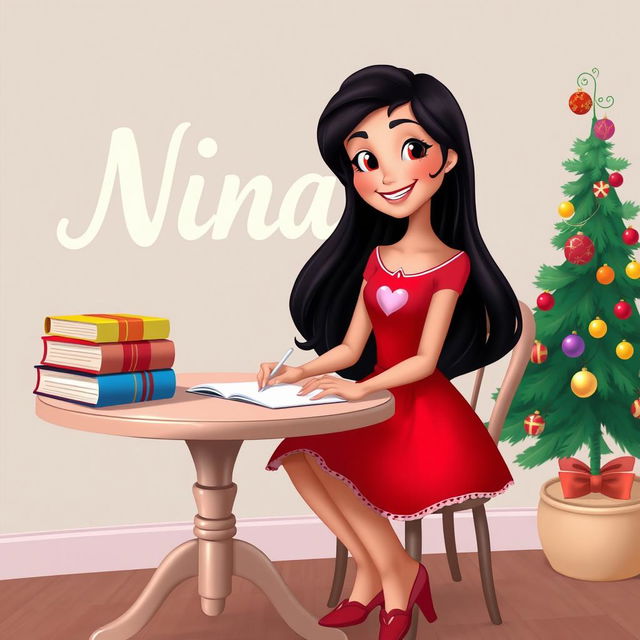 A character named Nina, designed in a bright, cheerful Disney style, features long flowing black hair and a joyful expression