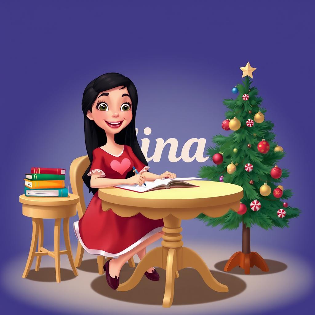 A character named Nina, designed in a bright, cheerful Disney style, features long flowing black hair and a joyful expression