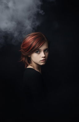 A girl with striking red hair styled elegantly, standing confidently in a foggy environment