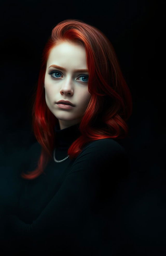 A girl with striking red hair styled elegantly, standing confidently in a foggy environment