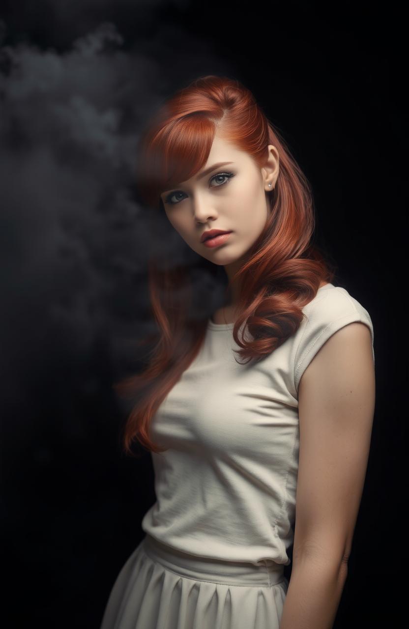 A girl with striking red hair styled elegantly, standing confidently in a foggy environment