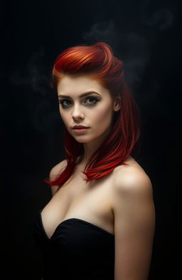 A girl with striking red hair styled elegantly, standing confidently in a foggy environment