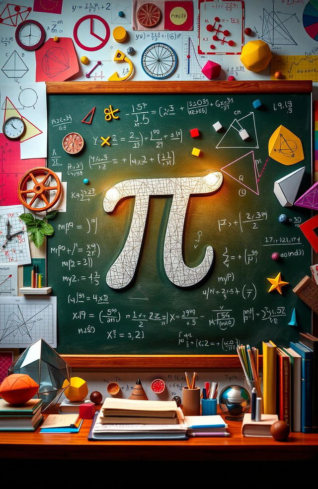 A vibrant and visually engaging representation of mathematics concepts, featuring an array of mathematical symbols such as pi (π), integrals, equations, fractals, and geometric shapes