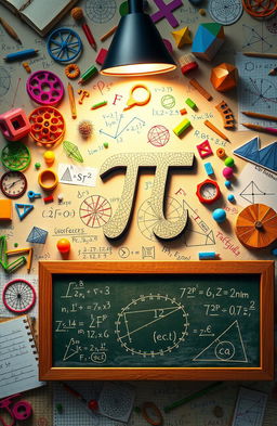 A vibrant and visually engaging representation of mathematics concepts, featuring an array of mathematical symbols such as pi (π), integrals, equations, fractals, and geometric shapes