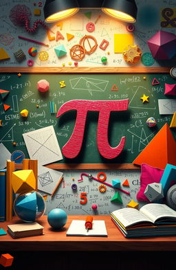 A vibrant and visually engaging representation of mathematics concepts, featuring an array of mathematical symbols such as pi (π), integrals, equations, fractals, and geometric shapes