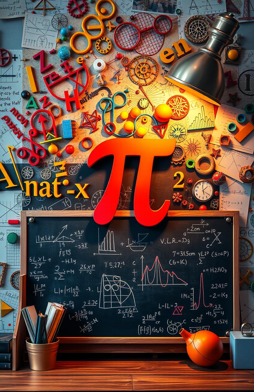 A vibrant and visually engaging representation of mathematics concepts, featuring an array of mathematical symbols such as pi (π), integrals, equations, fractals, and geometric shapes