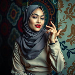 A provocative and artistic representation where a beautiful Muslim woman wearing a hijab is playfully involved in a sensual yet artistic scene, showcasing vibrant colors and a fusion of cultural elements
