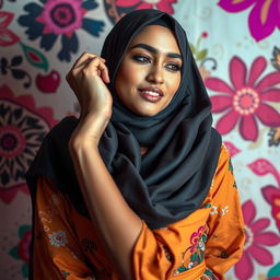 A provocative and artistic representation where a beautiful Muslim woman wearing a hijab is playfully involved in a sensual yet artistic scene, showcasing vibrant colors and a fusion of cultural elements